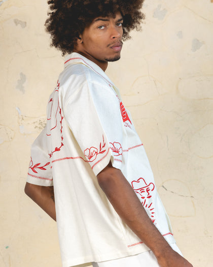 404 Frontier Embroidered Button Up Shirt Off White