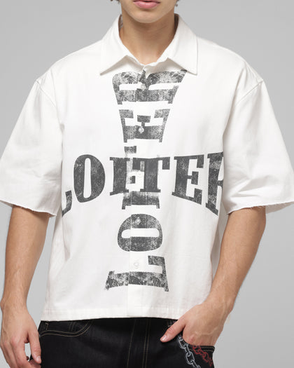 Loiter Rider Distressed Button Up Shirt Off White