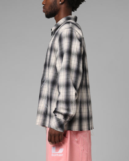 Loiter Heaven Distressed Flannel Button Up Shirt Black/White