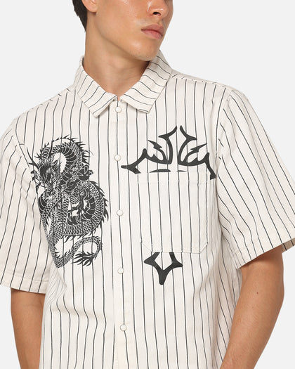 Ed Hardy Euro Short Sleeve Button Up Shirt White Pinstripe