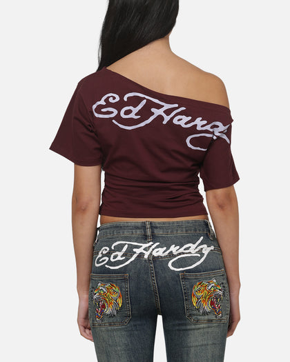 Ed Hardy Women's Off Shoulder T-Shirt Plum