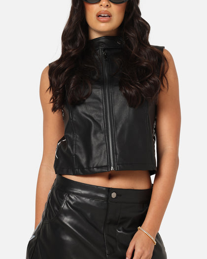 Ed Hardy Women's Vegan Leather Biker Vest Black