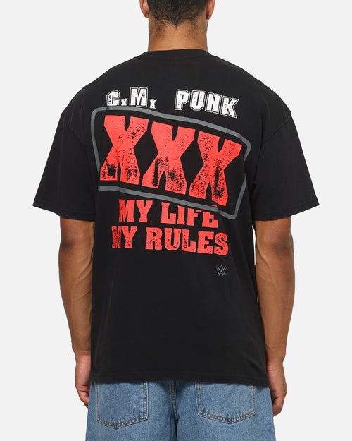 73Studio X WWE CM Punk My Life Rules Vintage T-Shirt Black Acidwash