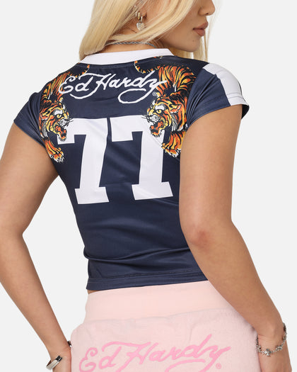 Ed Hardy Women's Football Baby T-Shirt Navy/White