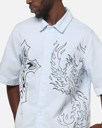 Ed Hardy Ghost Tattoo Button Up Shirt Blue Pinstripe