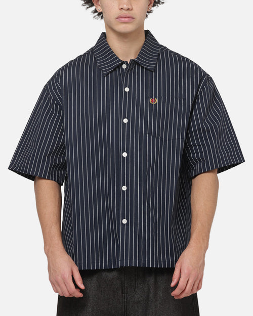 Carre Grid Short Sleeve Button Up Shirt Vintage Navy/Ecru Pinstripe