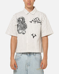 Ed Hardy Euro Short Sleeve Button Up Shirt White Pinstripe