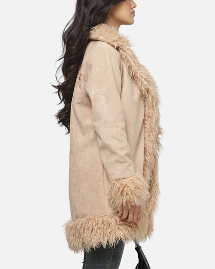 Ed Hardy Women's Fur Longline Coat Camel