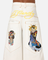 Ed Hardy Ultra Wide Leg Denim Jeans Off White/Yellow