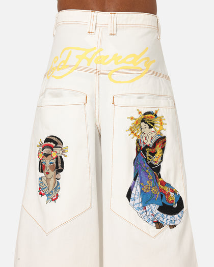 Ed Hardy Ultra Wide Leg Denim Jeans Off White/Yellow