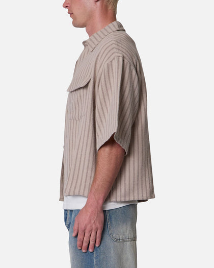 MNML Cropped Boxy Stripe Button Up Shirt Khaki