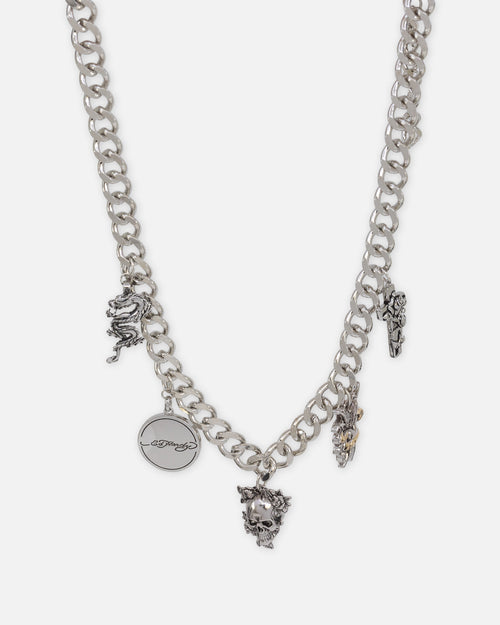 Ed Hardy Multi Charm Cuban Chain Necklace Silver