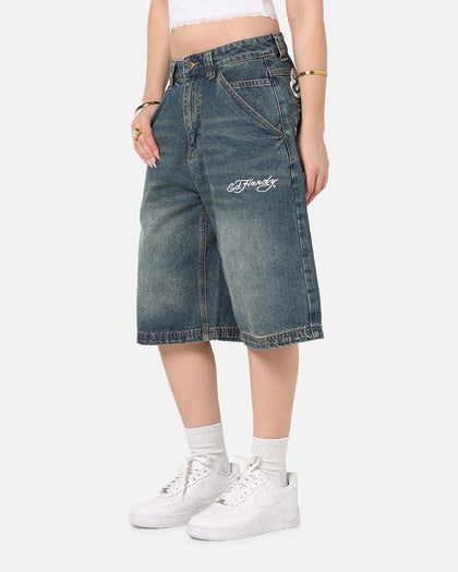 Ed Hardy Brave Hearts Jorts Washed Indigo