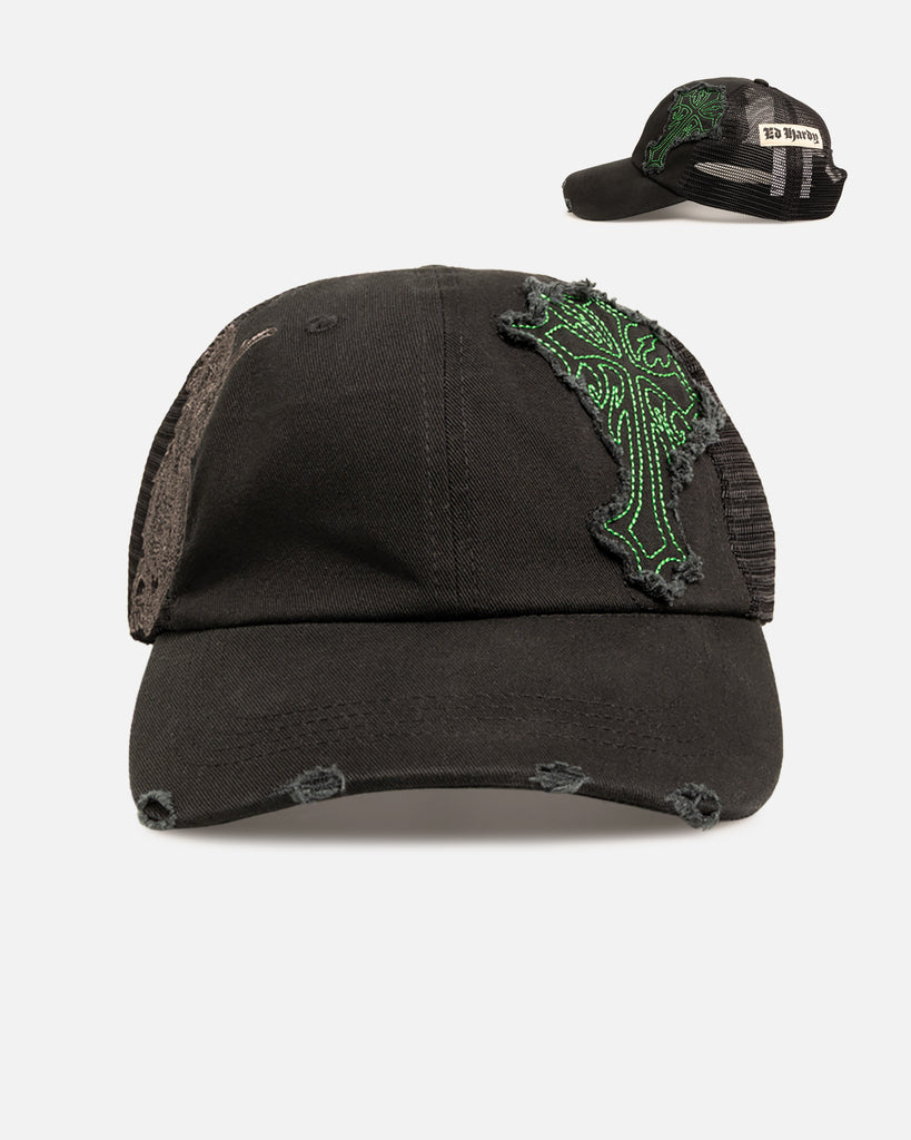 Ed Hardy Euro Distressed Trucker Snapback Black | Culture Kings