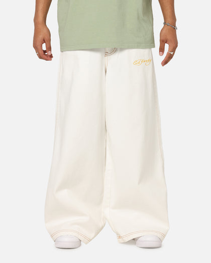 Ed Hardy Ultra Wide Leg Denim Jeans Off White/Yellow