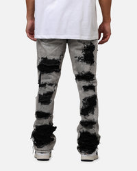 MNML B668 Rock Distress Flare Denim Jeans Light Grey
