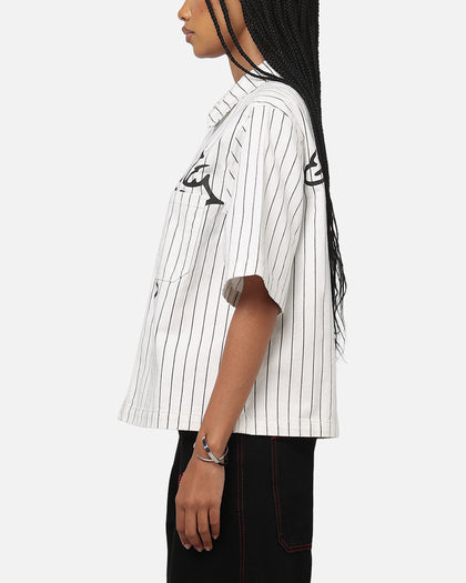 Ed Hardy Euro Short Sleeve Button Up Shirt White Pinstripe
