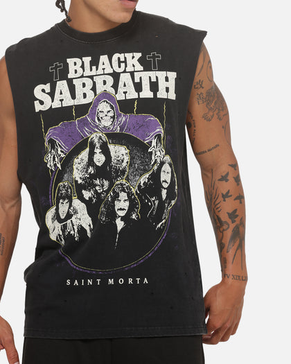 Saint Morta X Black Sabbath Cross Oversized Muscle Tee Washed Black