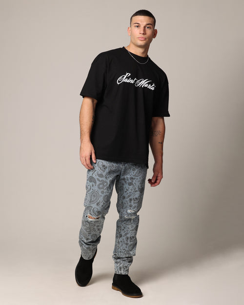 Saint Morta Paisley Skulls Jeans Stone Wash Blue