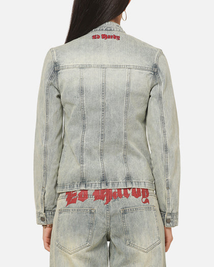 Ed Hardy Women's Vaulted Denim Moto Jacket Vintage Blue