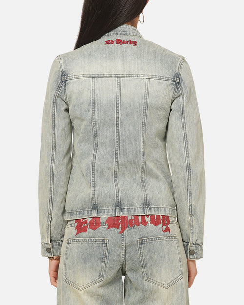 Ed Hardy Women's Vaulted Denim Moto Jacket Vintage Blue