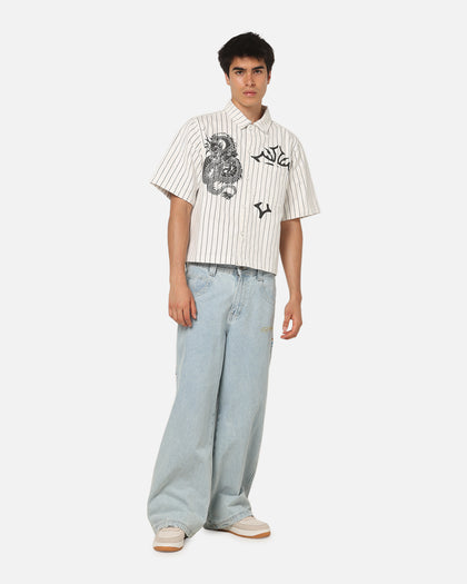 Ed Hardy Euro Short Sleeve Button Up Shirt White Pinstripe