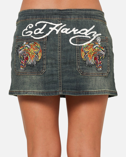 Ed Hardy Women's Tiger Denim Skirt Dirty Blue