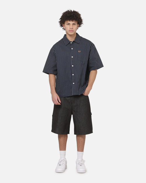 Carre Grid Short Sleeve Button Up Shirt Vintage Navy/Ecru Pinstripe
