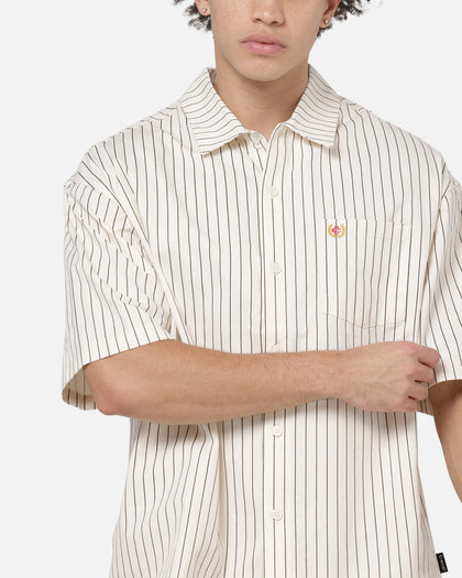 Carre Grid Short Sleeve Button Up Shirt Natural/Brown Pinstripe