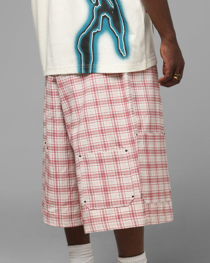 Loiter Utility Cargo Shorts Pink Check