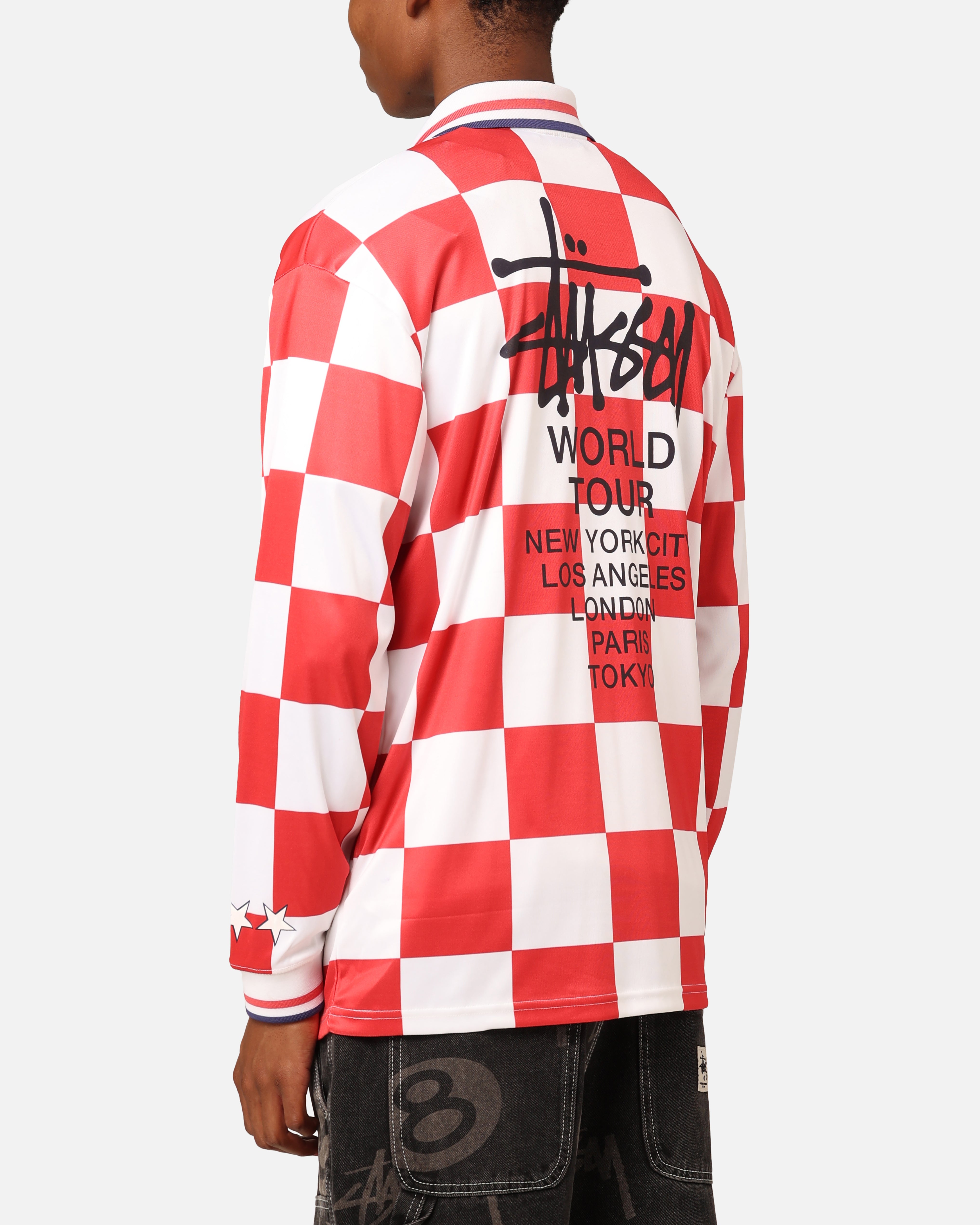 Stüssy Football Polo Long Sleeve T-Shirt White/Red Check | Culture