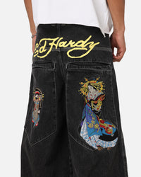 Ed Hardy Ultra Wide Leg Denim Jeans Black/Yellow