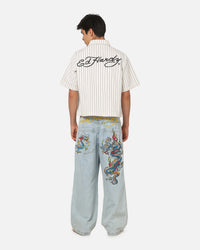 Ed Hardy Euro Short Sleeve Button Up Shirt White Pinstripe