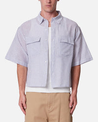 MNML Cropped Boxy Stripe Button Up Shirt Blue