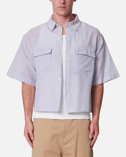MNML Cropped Boxy Stripe Button Up Shirt Blue
