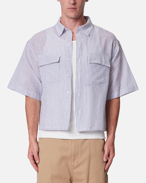 MNML Cropped Boxy Stripe Button Up Shirt Blue