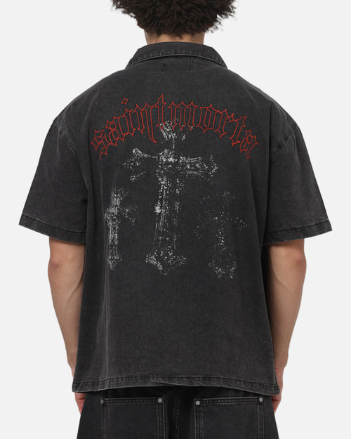 Saint Morta Graves Short Sleeve Button Up T-Shirt Black Shadow