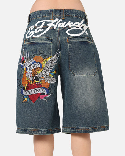 Ed Hardy Brave Hearts Jorts Washed Indigo