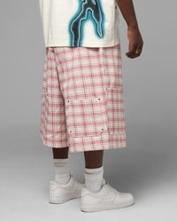 Loiter Utility Cargo Shorts Pink Check