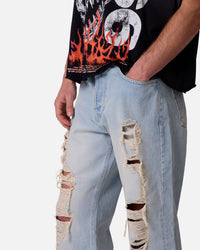 MNML Distressed Kick Flare Denim Jeans Blue
