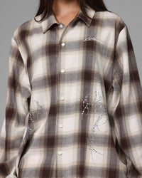 Loiter Heaven Distressed Flannel Button Up Shirt Brown/Beige