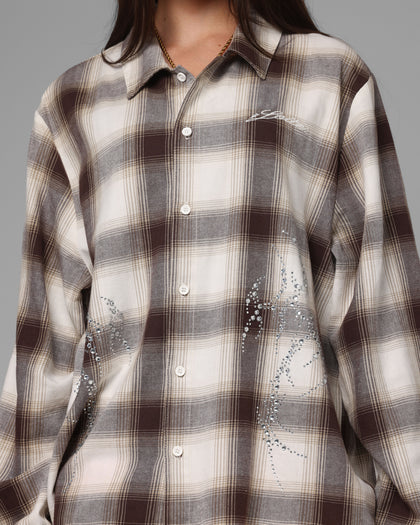 Loiter Heaven Distressed Flannel Button Up Shirt Brown/Beige