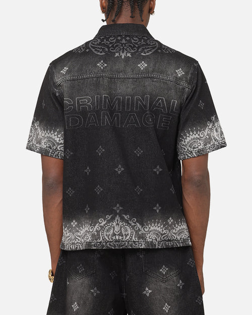 Criminal Damage Laser Print Denim Button Up Shirt Washed Black