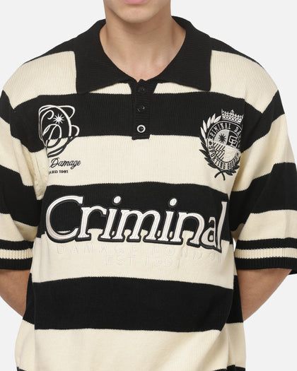 Criminal Damage Sports Knitted Polo Shirt Black Stripe