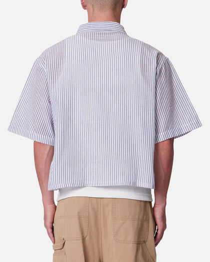 MNML Cropped Boxy Stripe Button Up Shirt Blue