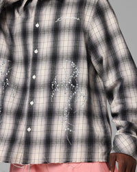 Loiter Heaven Distressed Flannel Button Up Shirt Black/White