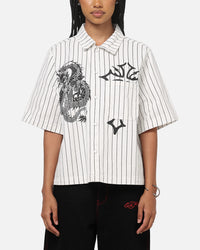 Ed Hardy Euro Short Sleeve Button Up Shirt White Pinstripe