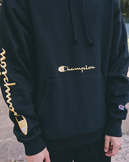 Champion Men's Rev Weave Script Hoodie Black/Gold