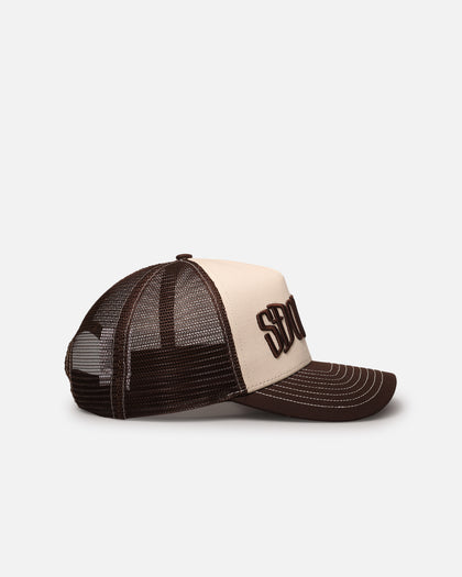 S Double Mid-Block Curved Peak Trucker Strapback Natural