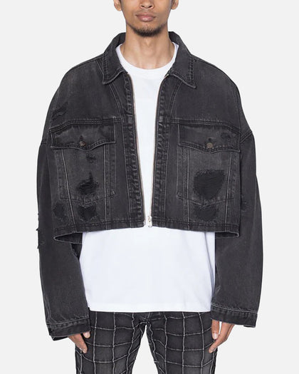 MNML Oversized Ripped Cropped Denim Jacket Washed Black